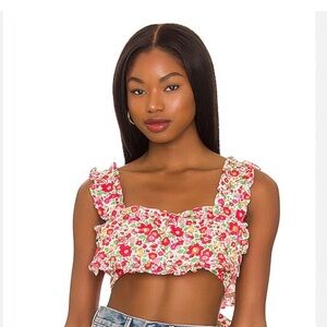 For Love & Lemons Pink Floral Ruffle Crop Top